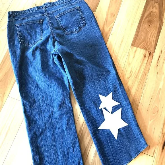 Upcycled Patchwork Jeans, Cropped Denim Hippie Pants with White Stars Size 16 - Picture 5 of 13